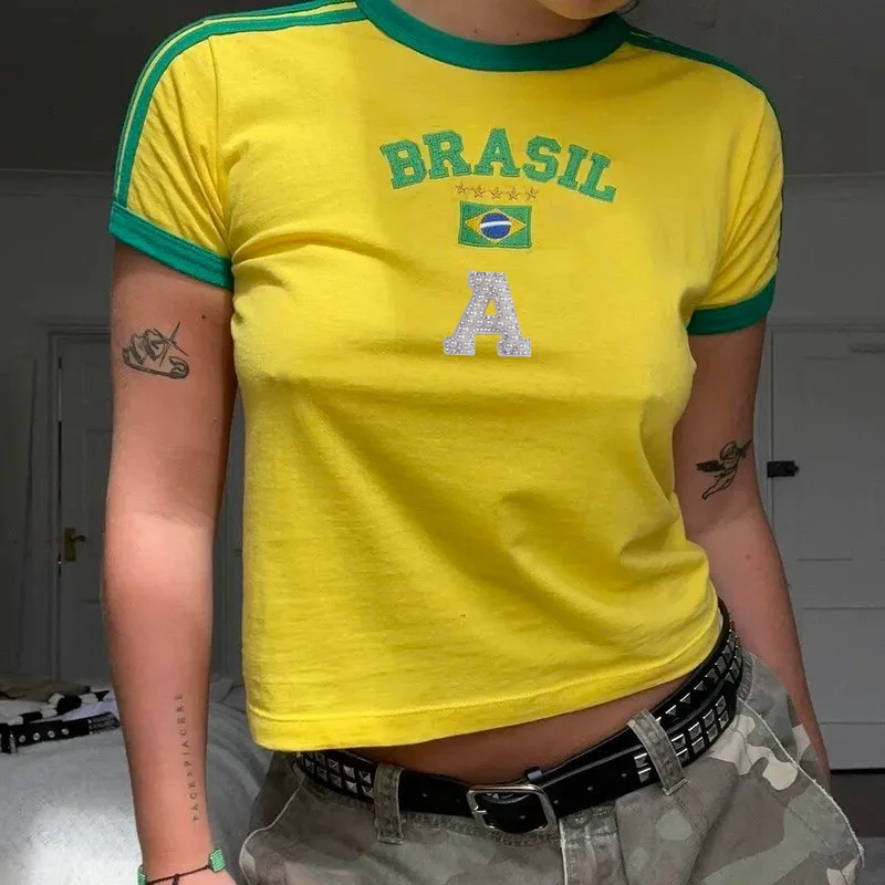 

﻿Y2k Goth Yellow Skinny Crop Tops Tees Women Sexy Streetwear 2000s Harajuku Woman Clothing T-Shirt BRASIL Letter Graphics Print﻿