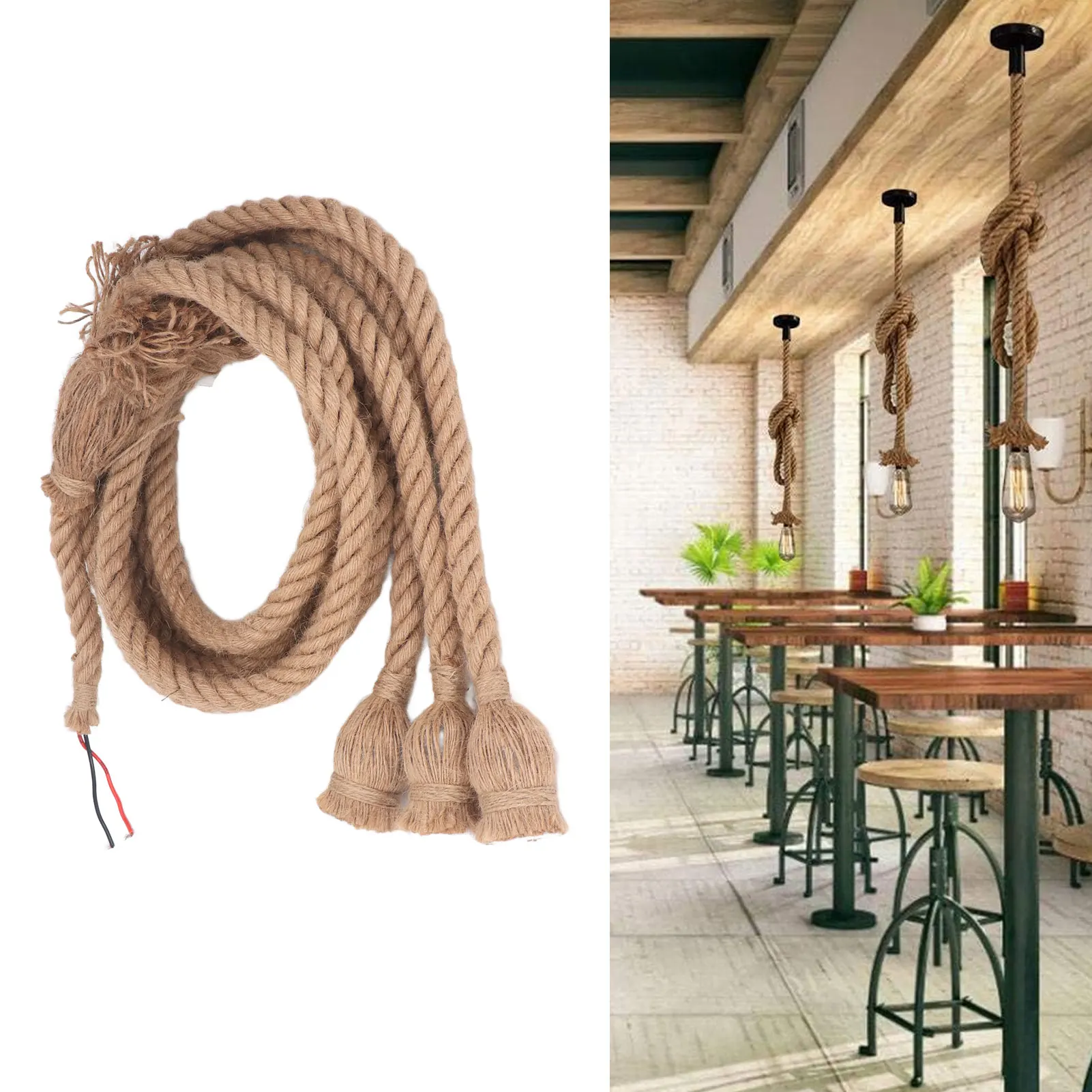 ZK40 Kolye Işık Vintage Kenevir Halat 3 Kafa 6.6ft Kablo E26 E27 Soket Çiftlik Evi Bar için Asılı Aydınlatma Armatürü 100‐240V