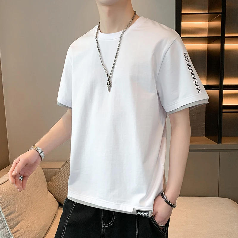 New Product [Deep] Pure Cotton Public Print T-Shirt For Men Short Fashion Brand Plus Size Fat Loose Thin Half Sleeve Top Clothes