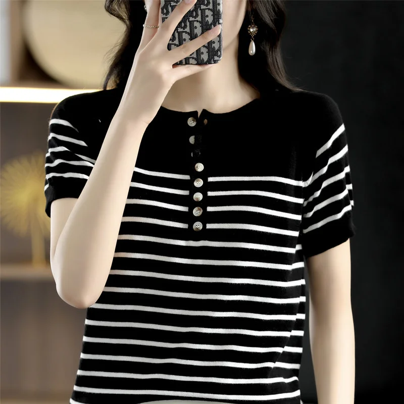 

Classic black and white striped summer round neckline thin short sleeved t-shirt women's contrasting knitted bottom top