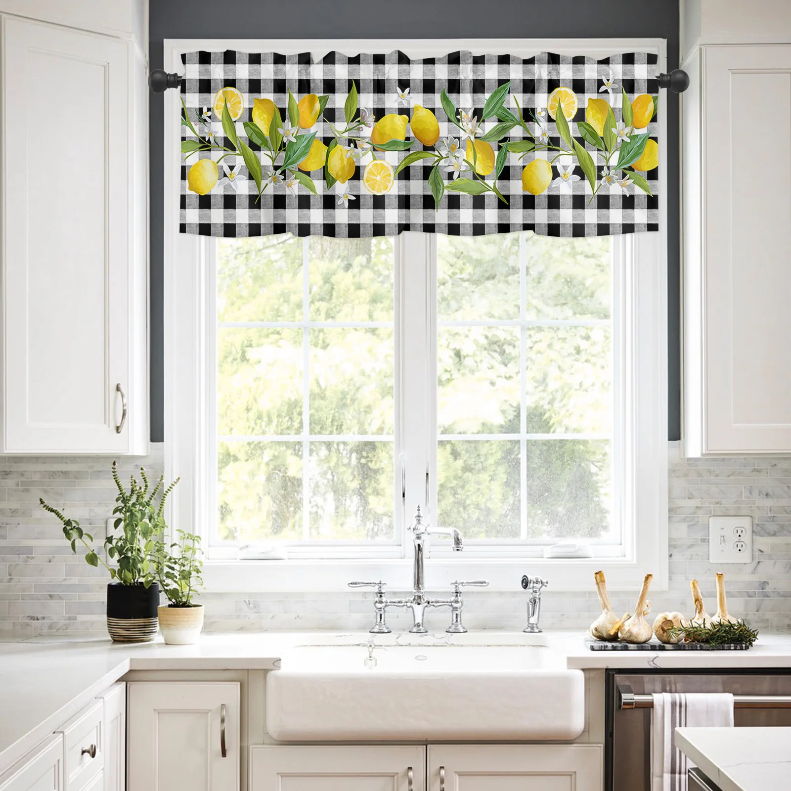 ZEDLIYU Valances for Windows Kitchen Living Room Small Window Valance Lemon Black and white checked short curtains 54 x 18 Inch