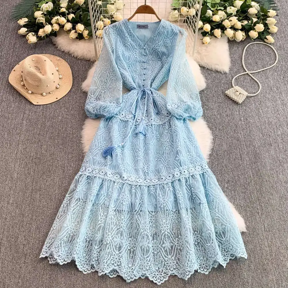Luxury Evening Lace Long Dress Women Summer Fall Hollow Out Crochet  Embroidery Party Dresses Lady Single Breasted Birthday Robe - AliExpress