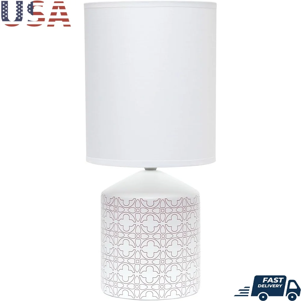 

Ceramic Table Lamp with Tan Flower Print White Shade E26 Base Smooth Finish 60W Equivalent On Off Switch 5ft Cord