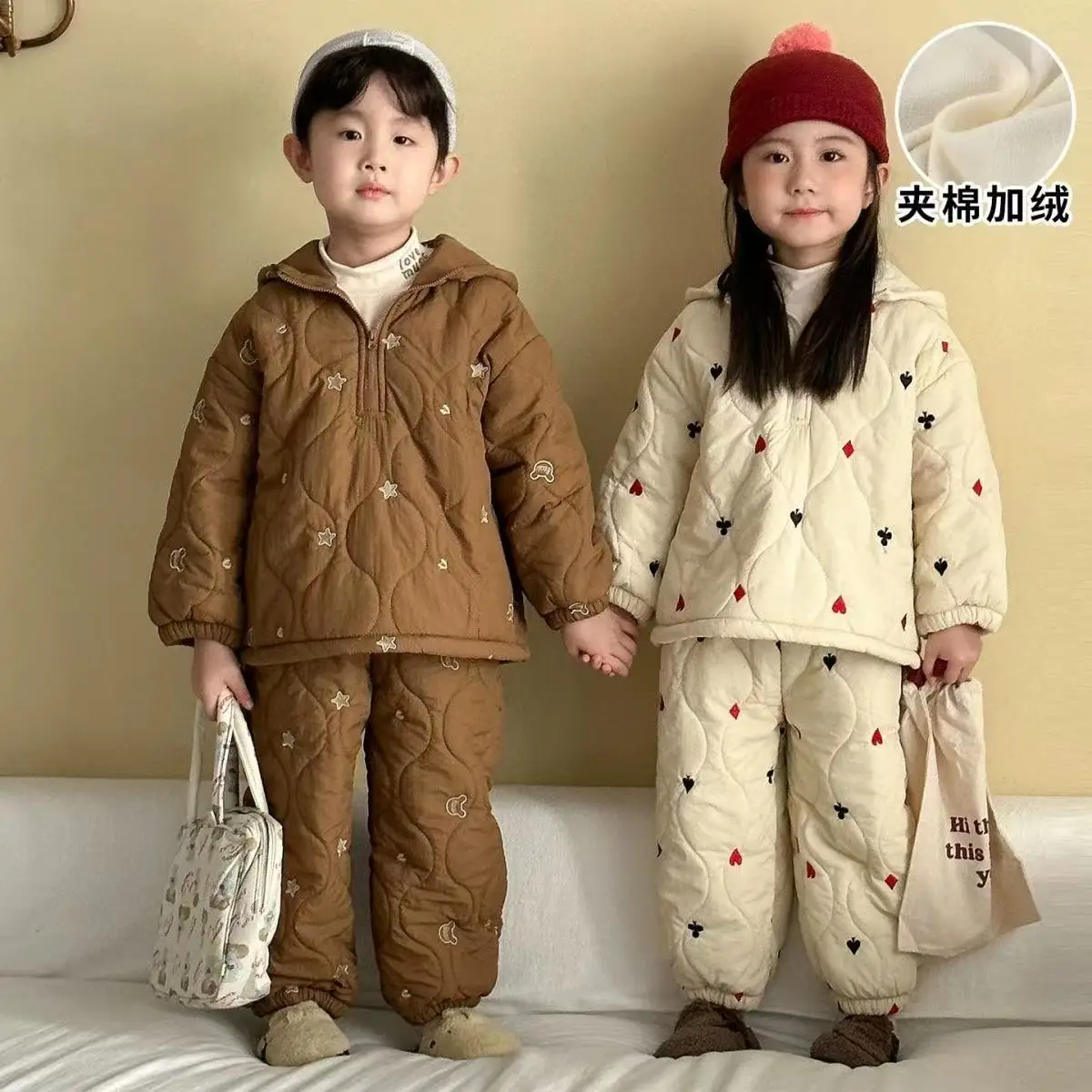 

2-7 Year Children's Set Autumn And Winter Hooded Boys and Girls With Velvet Warm Hoodie Pants Two-piece Set 90-140CM