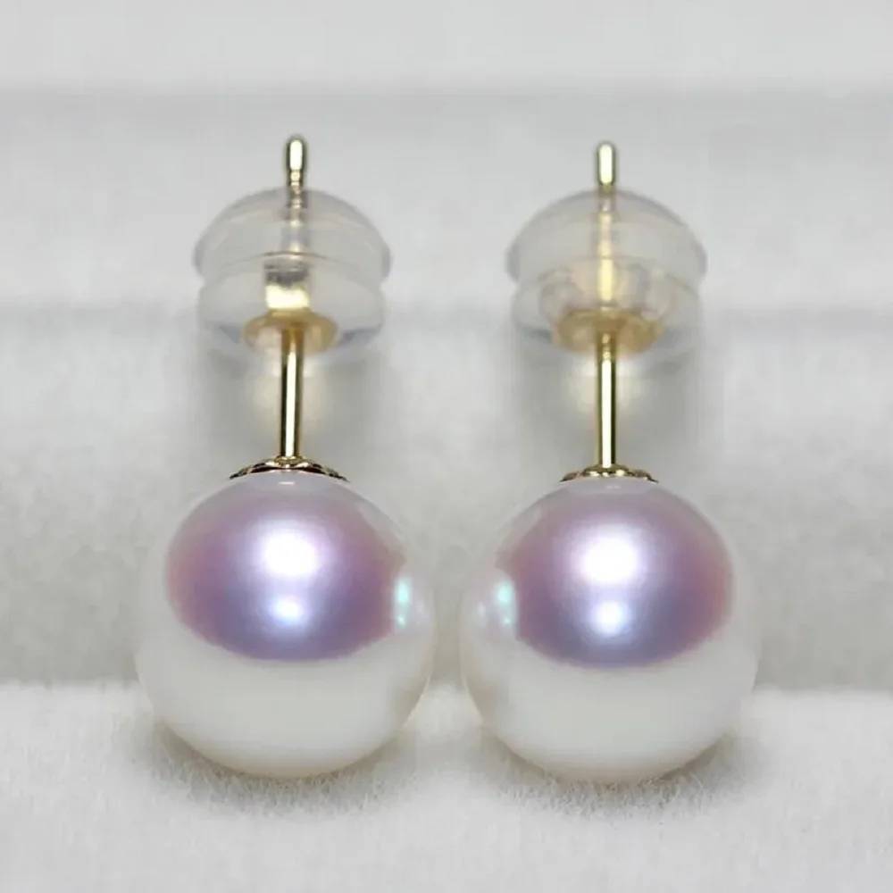 AAAA 7-8mm Round Natural Akoya White Pearl Earrings 18K Gold/AU750  8-9mm  9-10mm