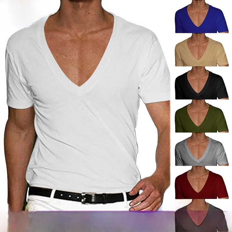 Slim Fit Plain Color Casual Short Sleeve V-Neck Knitted T-Shirt Breathable Summer Top for Men Independent Station Stripe Pattern