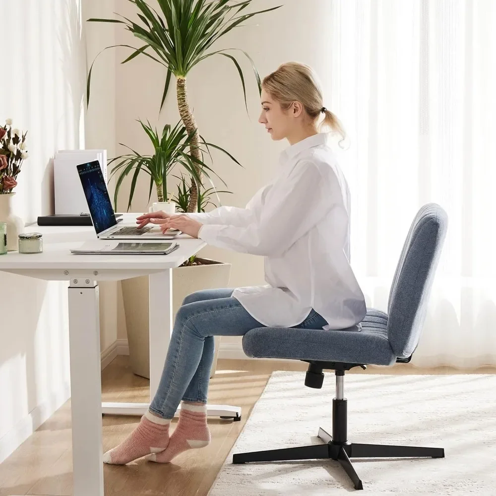 Cross Legged Armless Wide Adjustable Swivel Padded Home Desk Chairs No Wheels, Blue Office Chair