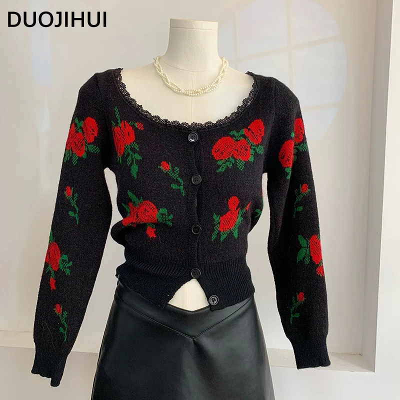 DUOJIHUI Vintage Square Neck Chicly Floral Women Cardigan French Autumn New Sweet Fashion Single Breasted Simple Female Cardigan