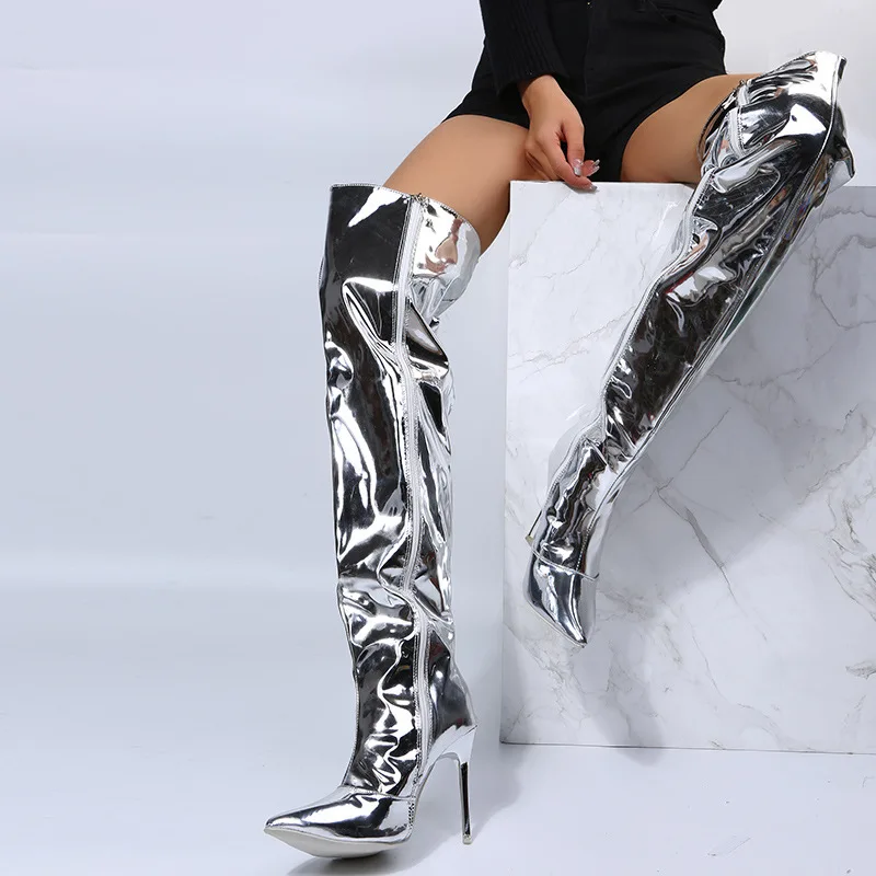 Comemore Women Boots Mirror Pointy Toe Punk Thin High Heels Over The Knee Long Boots Autumn Winter Zip Silver Casual Party Shoes
