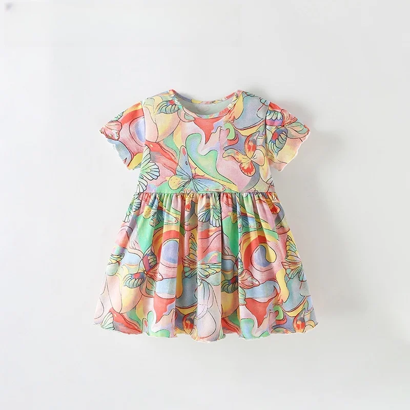 2025 Summer 3 4 6 8 10 12 Years Children Cotton Beautiful Pretty Sweet Full Flower Print Short Fly Sleeve Baby Kids Girls Dress
