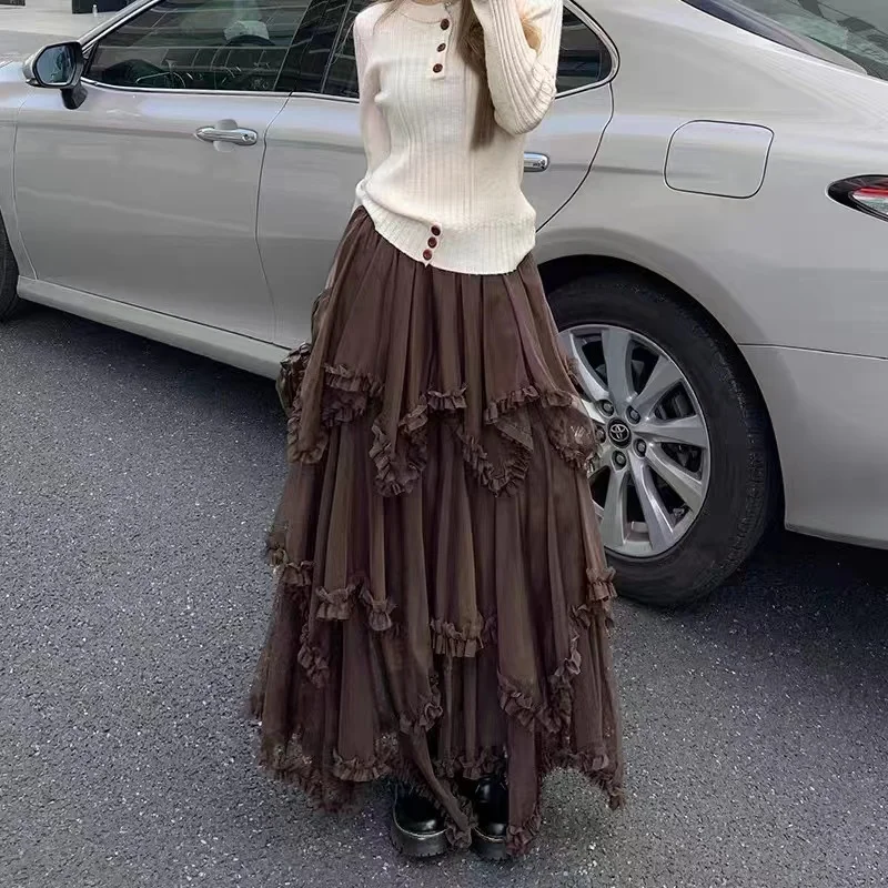 

Нежная летняя женская юбка А-силуэта из сетки с кружевом, эффектом многослойности и высокой талией, эластичная, для создания молодого образа