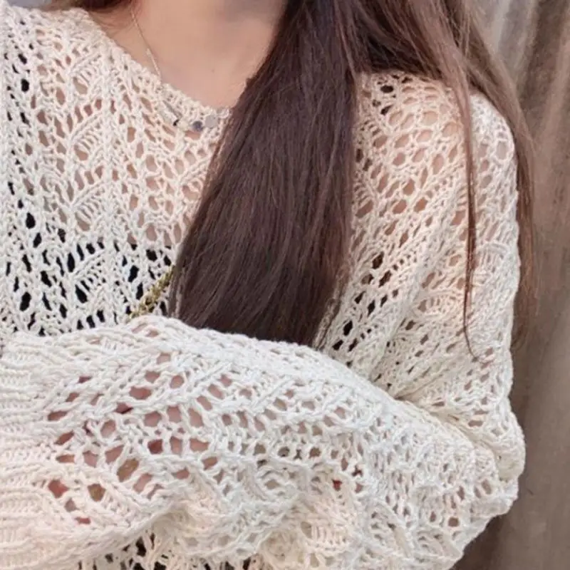 

Sweaters Women O-Neck Long Sleeve Stylish Loose All-match Knitting Leisure Female Pullovers Hollow Out Autumn Solid Korean Style