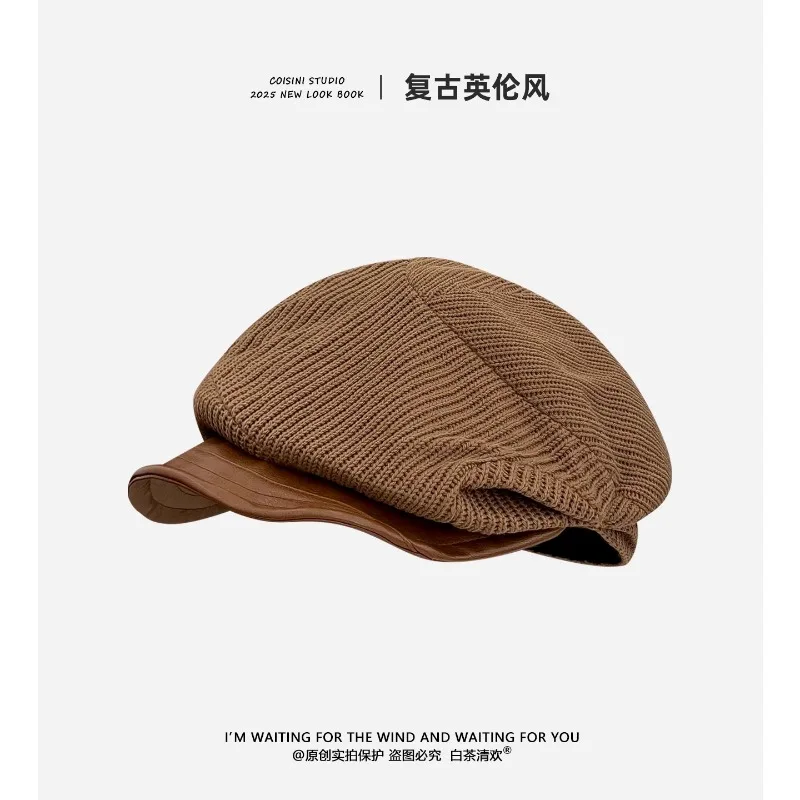 Korean Irregular Knitted Splicing PU Leather Brim Berets Cap for Women Spring Autumn Casual Versatile Literary Painter Hats