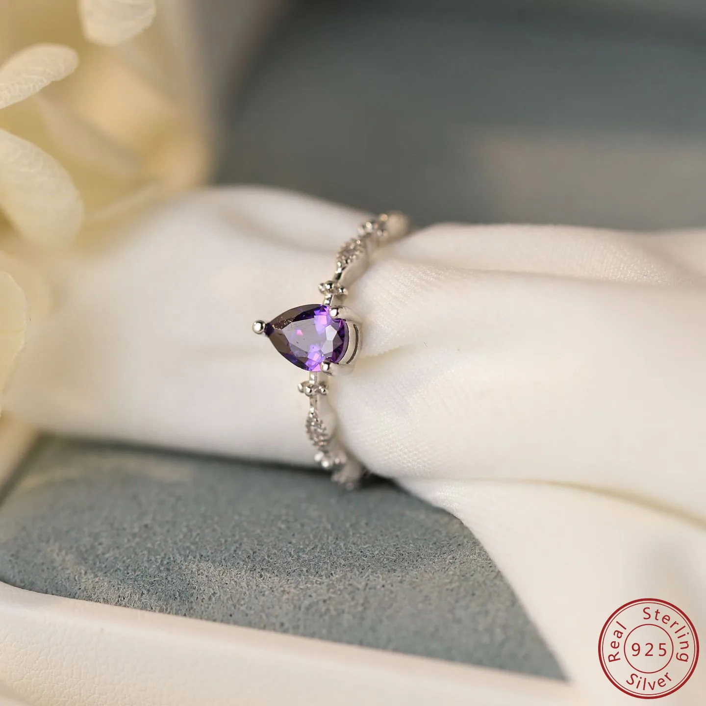 2023 New 100% S925 Sterling Silver Purple Water droplet Ring Personalized Engagement Ring Simple Design Women\'s Ring