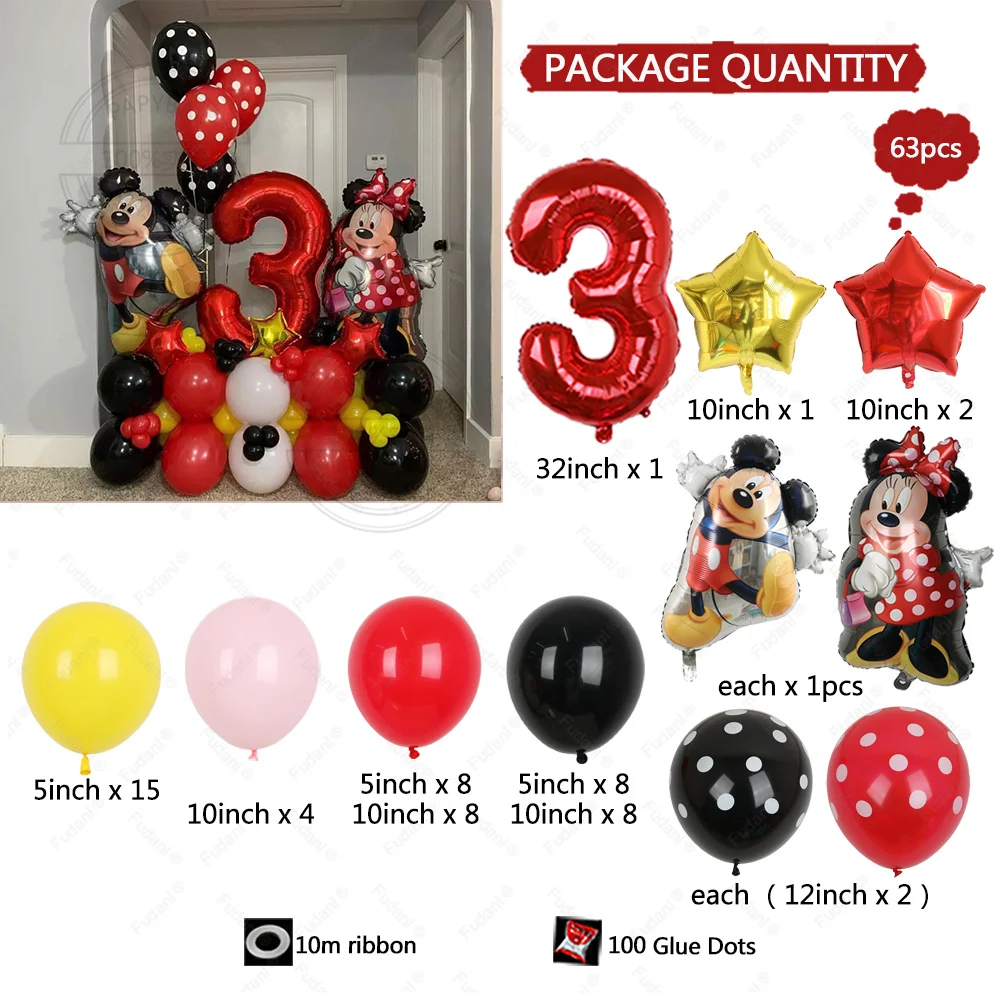 63 pz/set Cartoon Mickey Minnie Mouse Foil Balls 5/10 pollici rosso giallo palloncini in lattice per bambino 1-9th Birthday Party Decors Supply