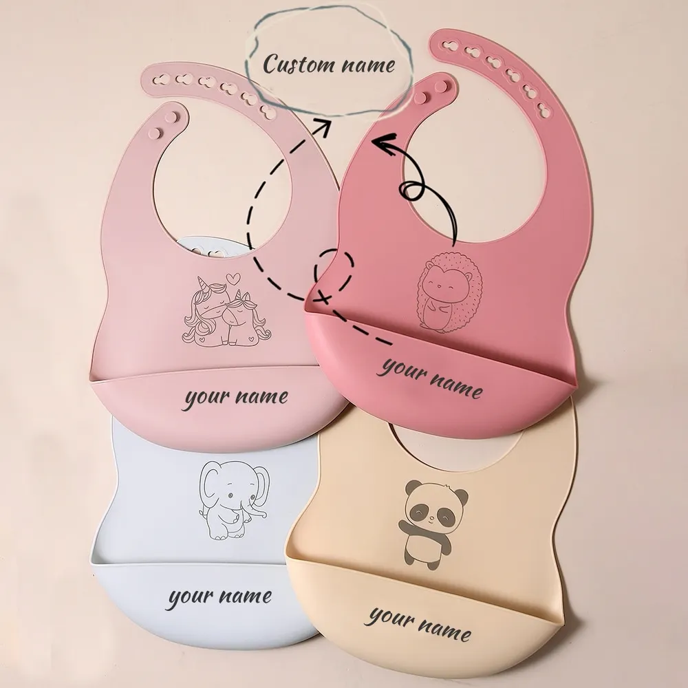 

Custom Silicone Baby Bib with Name & Cartoon Print pattern Food-Grade solid Feeding Bib DZ13