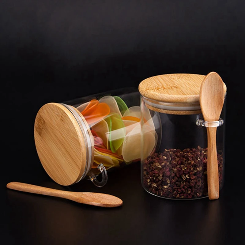 8X Glass Food Airtight Canister Castor Wooden Twist Lid Kitchen Candy Storage Tank Jar Bamboo Food Container With Spoon