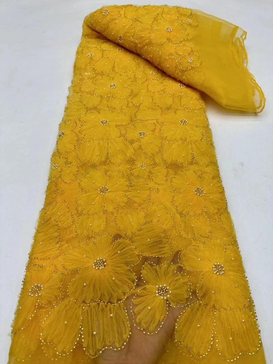 

Fashion 3D Beaded Flower Embroidery Lace Fabric Gold Sequins Lace Fabrics 2023 Luxury Nigerian Quality Mesh With Beads