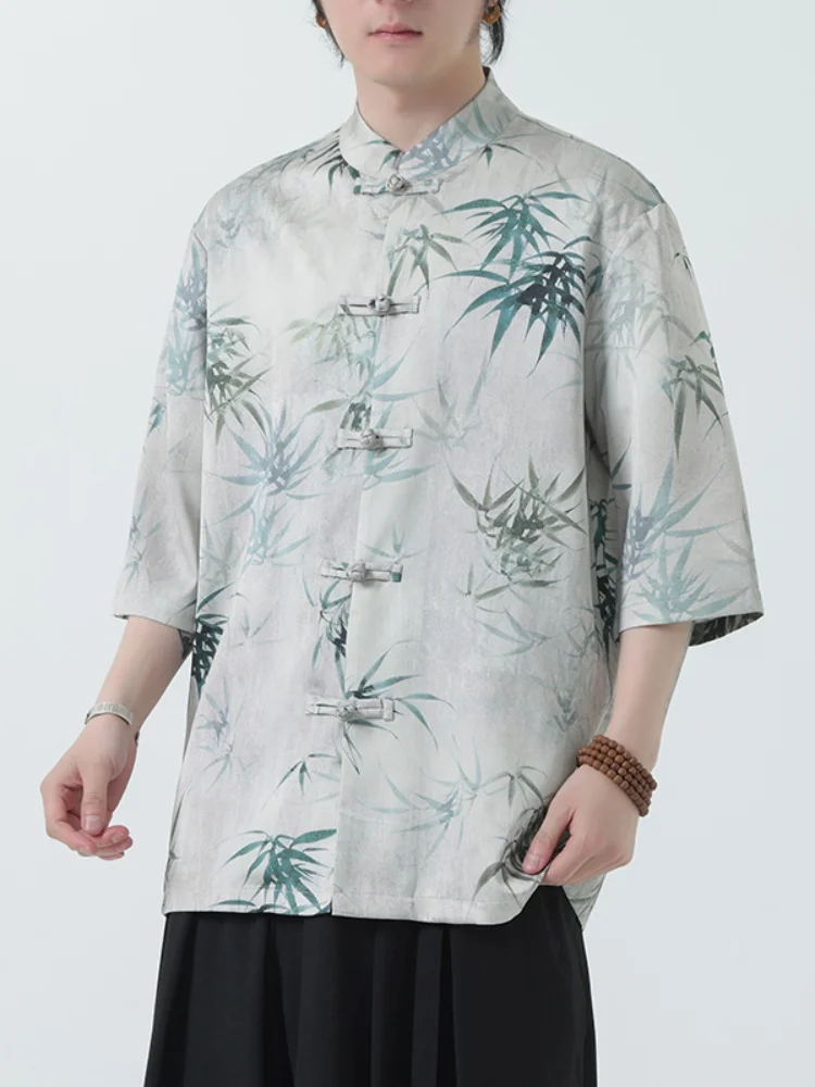 

Ice Silk Short Sleeve Shirt Men's Print Traditional Chinese Style Button up Thin Hanfu Tang Costume Summer New Arrival Loose Fit