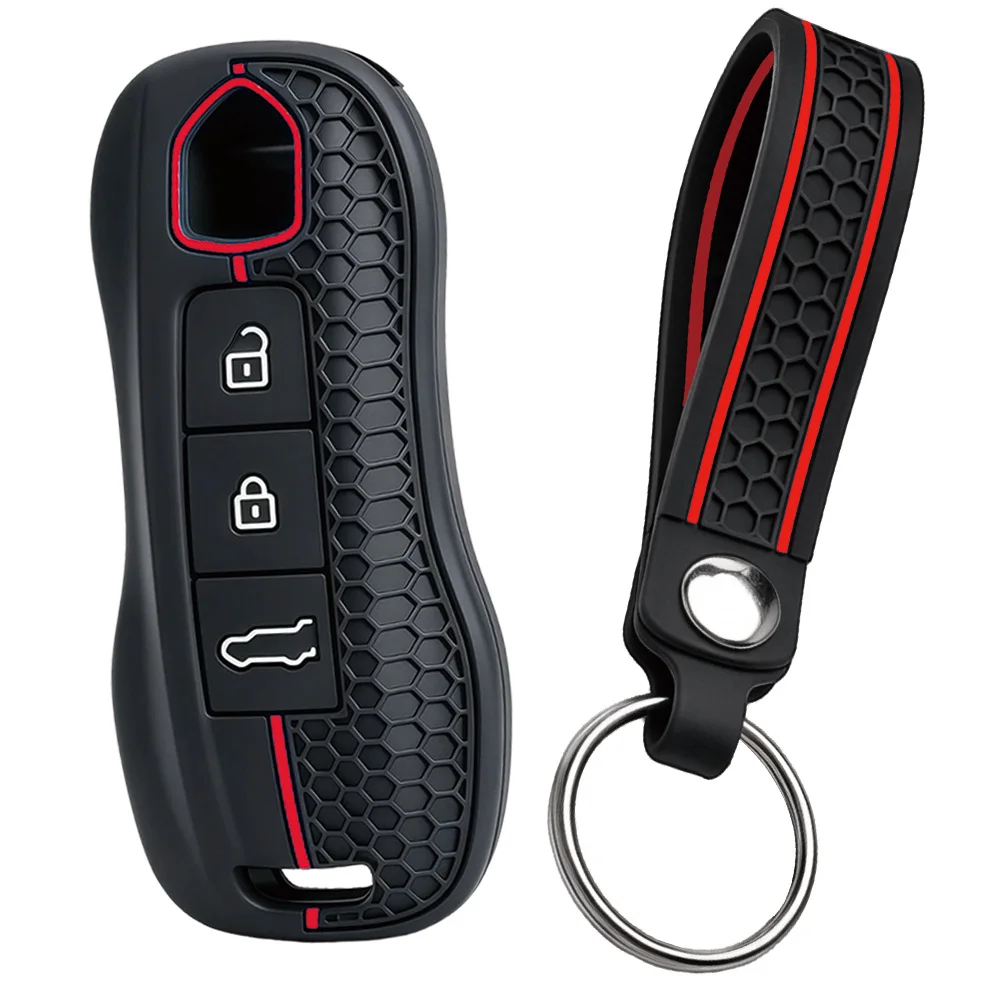 For Porsche 911 Cayenne Panamera Macan Taycan 718 Boxster Cayman Silicone Remote Key Case With Finger Loop And Key Ring