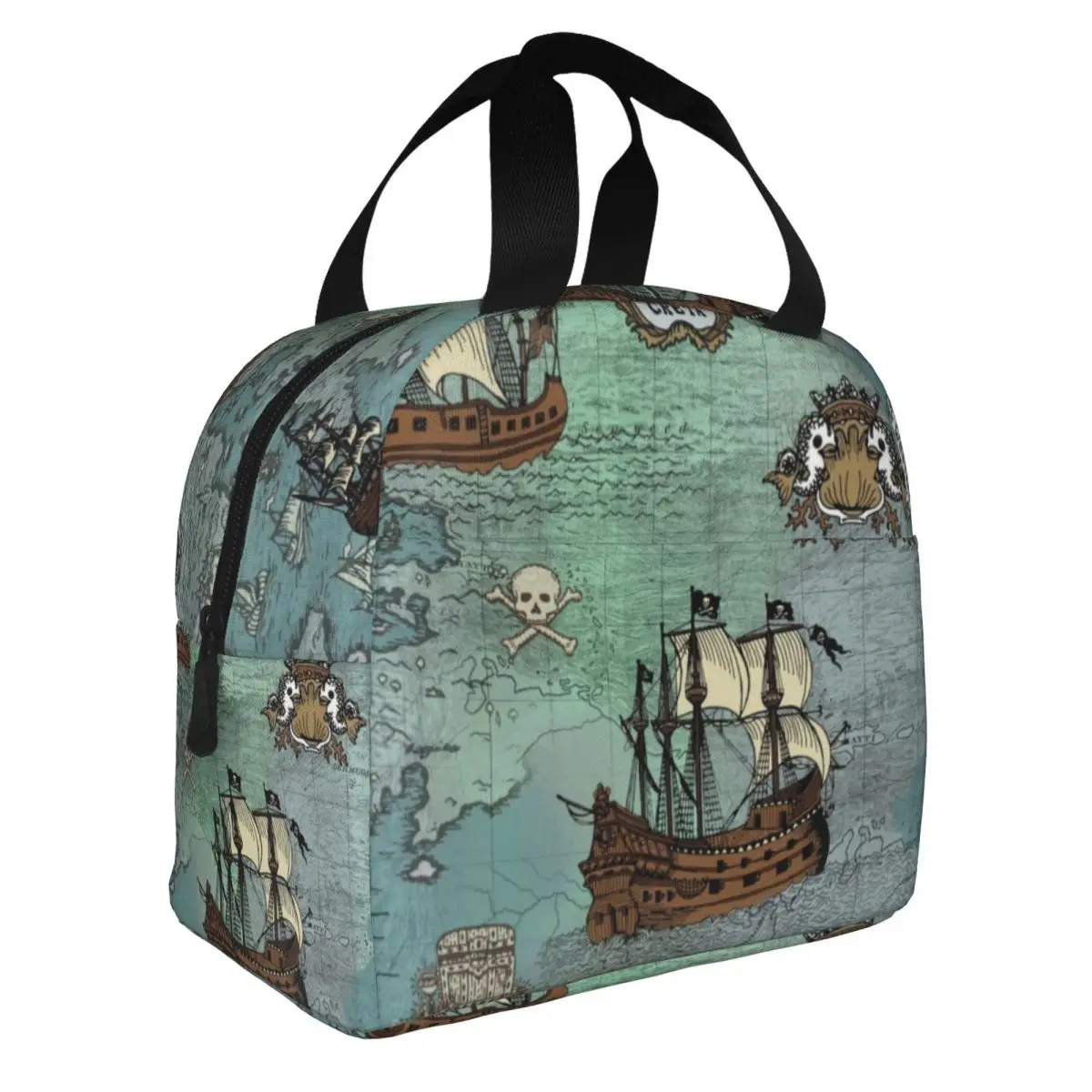 Custom Pirate Map Nautical Sea Print Insulated Lunch Bag for Women Leakproof Skull Sailor Cooler Thermal Lunch Tote Beach Travel