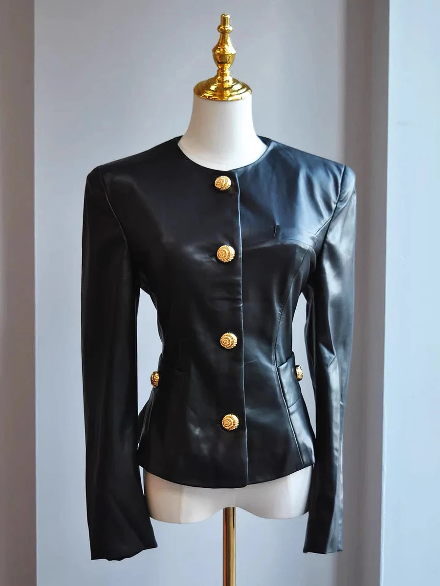 CHICEVER Solid Slimming Spliced Single Breasted Leather Jackets for Women O Neck Long Sleeves Patchwork Pockets Jacket Female