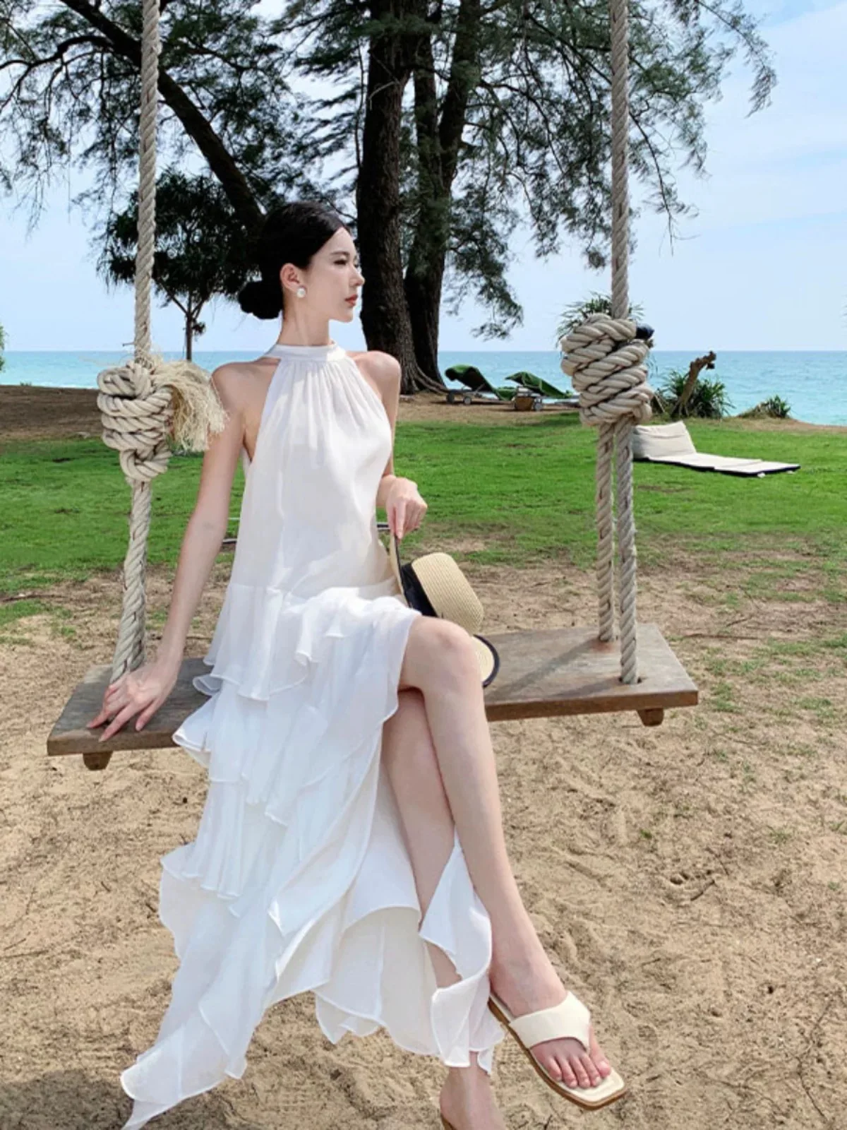 Women Beach Holiday Long Dress Ribbon Tropical Cake Layers Vestido Lady Travel Honeymoon Thailand Maldive Bali Sweet Fairy Dress