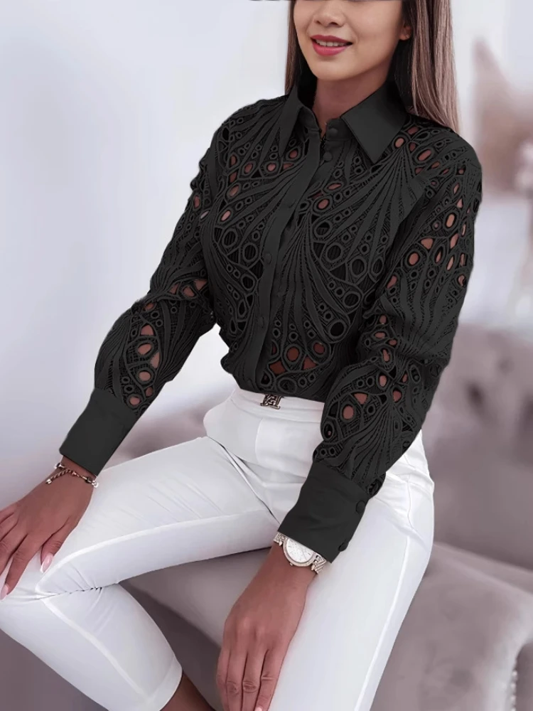 2025 Women\'s Shirts & Blouses Elegant Sexy Hollow Out Turn Down Neck Solid Blouse Camisas De Mujer White Lace Shirt Women