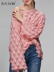 GVUW Knitted Women Sweater Women Round Collar Full Flare Sleeve Solid Color Pullover New 2024 Hollow Chic Style Clothing 17G7148