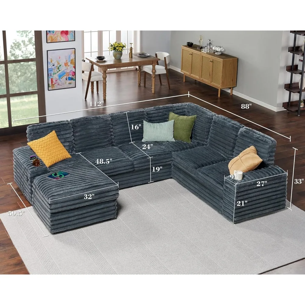 112 Inch Oversized Couch, U Shaped Sofa with Storage Chaise, Sectional Sofa with Type-C & USB Ports, Faux Fur Dark Grey