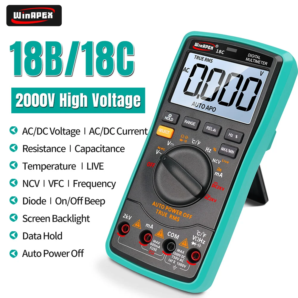 WinAPEX HY18B HY18C Digital Multimeter 5999 Counts True RMS Multimeter 2000V High Voltage AC/DC Volt Amp Ohm Capacitance Meter