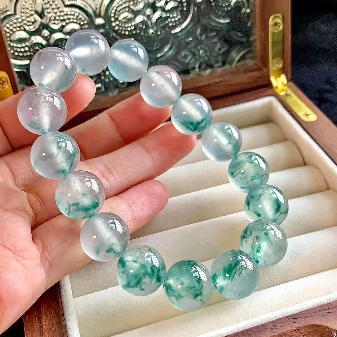 High-end Luxury Jewelry Pure Natural Ice Flower Jade Bracelet Burmese Green Ball Bead HandString Men's and Women's Birthday Gift