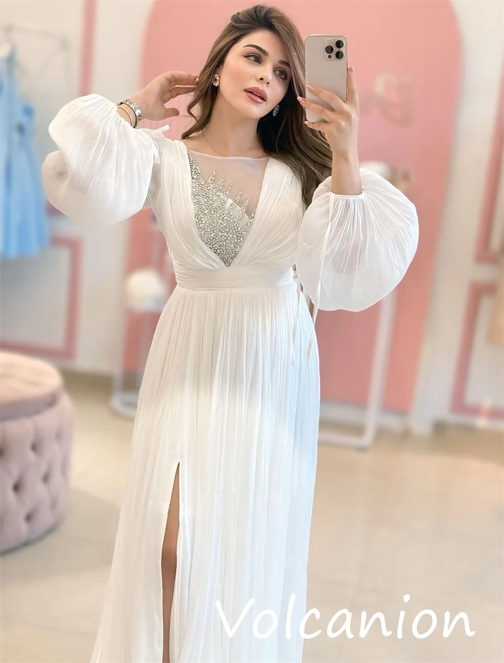 Maßgeschneiderte, hochwertige Chiffon-Pailletten-Falten-A-Linien-Langkleider mit U-Ausschnitt, maßgeschneiderte, passende Anlässe