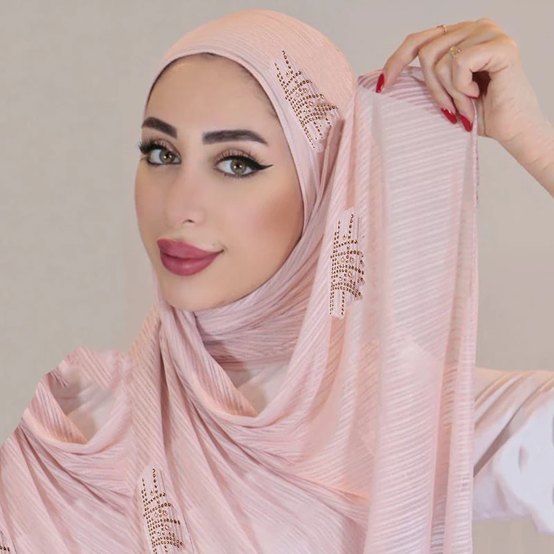 

Muslim Crinkle Jersey Hijab Rhinestone Shawls Crepe Ribbed Jersey Hijab Soft Islamic Wraps Headband Women Headwrap