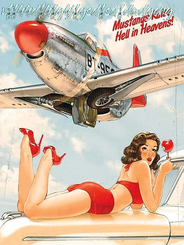 YYN Pinup Girl Wall Paper Metal Airplane Pin Up Mustangs Raise Hell Vintage Replica Tin Sign Vintage Style Tin Sign Metal S sign