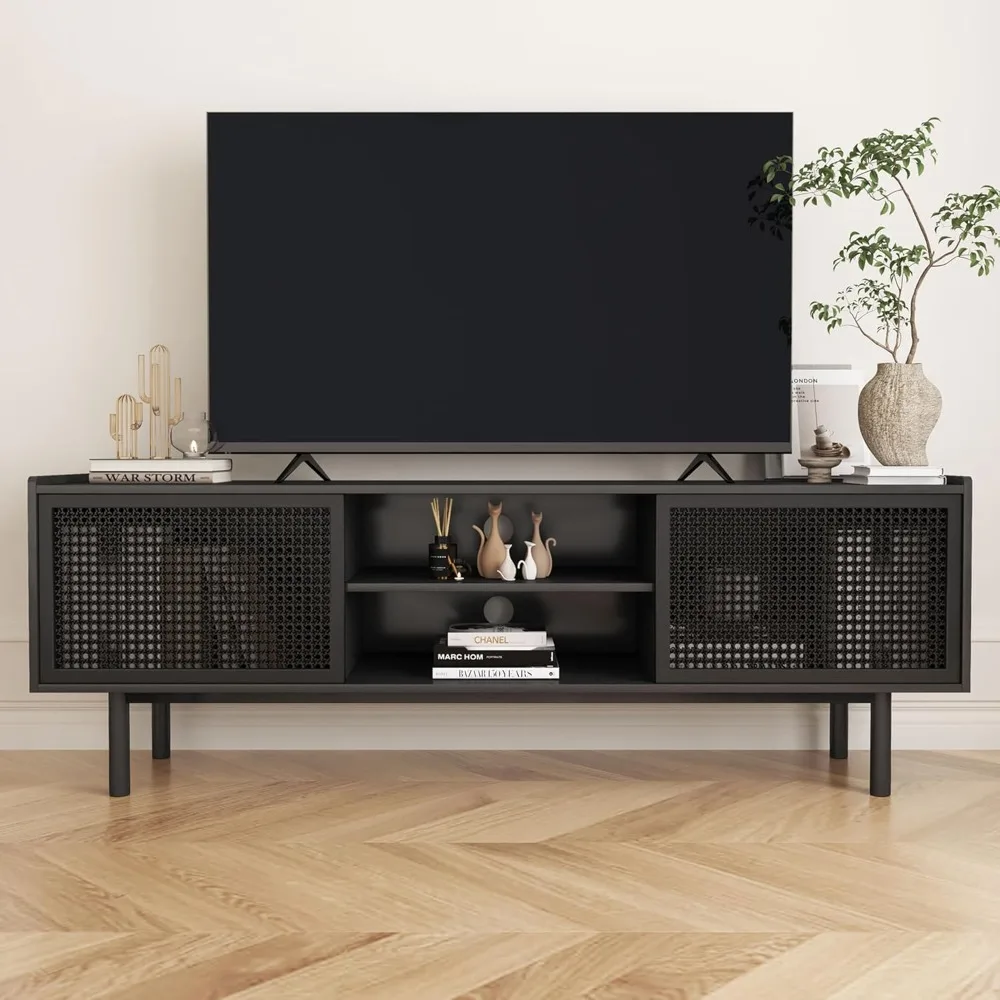 

TV Stand, for TVs Up to 70 Inch, Accent Iron Rattan Storage Cabinet, Television Stands Entertainment Media Center Console Table