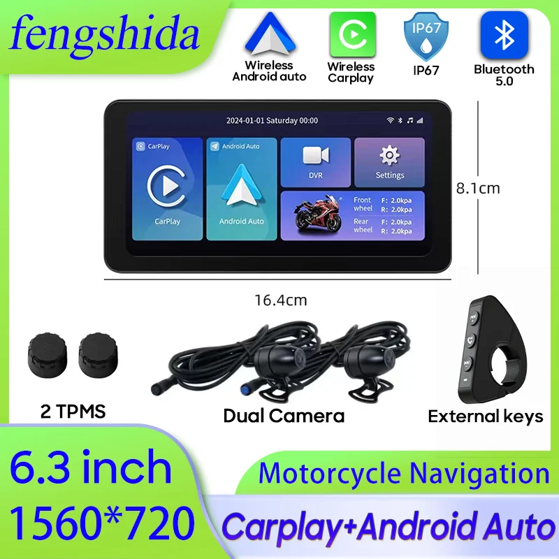 

L300 Motorcycle navigation 6.3 inch Screen 1560*720 Wireless CarPlay Android Auto Motorcycle GPS Moto DVR Monitor TPMS Optional