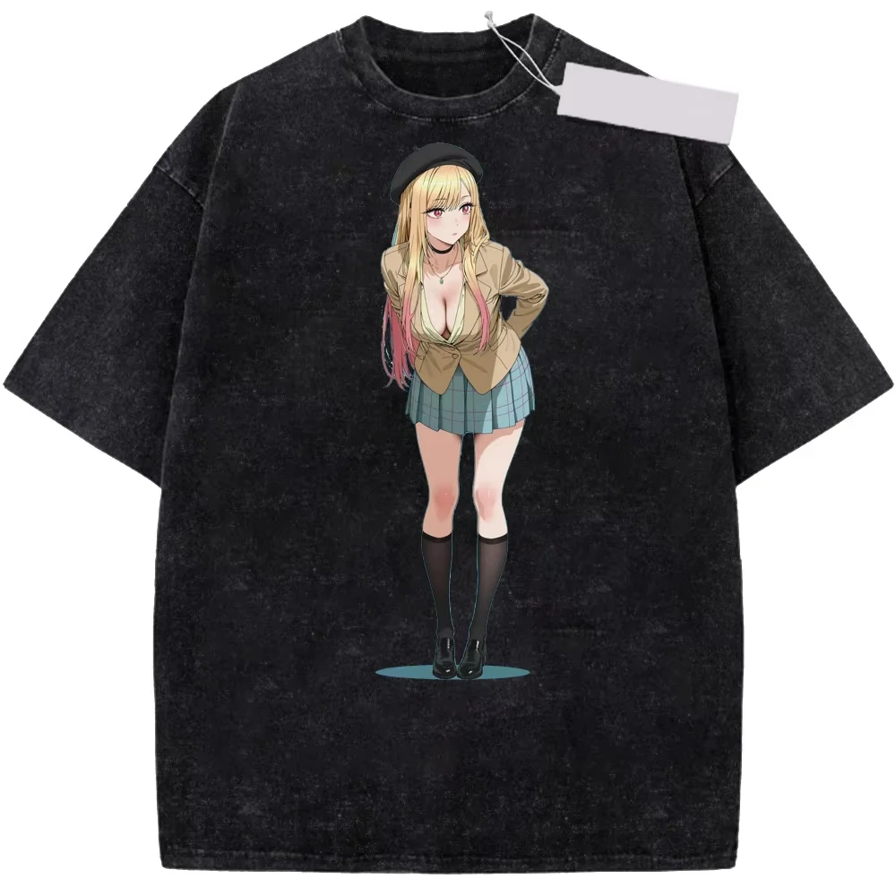 Loose Washed Short Sleeve Cartoon T-shirt Top With Kitagawa Marin Print From Anime My Dress-Up Darling Women And Men T-shirt