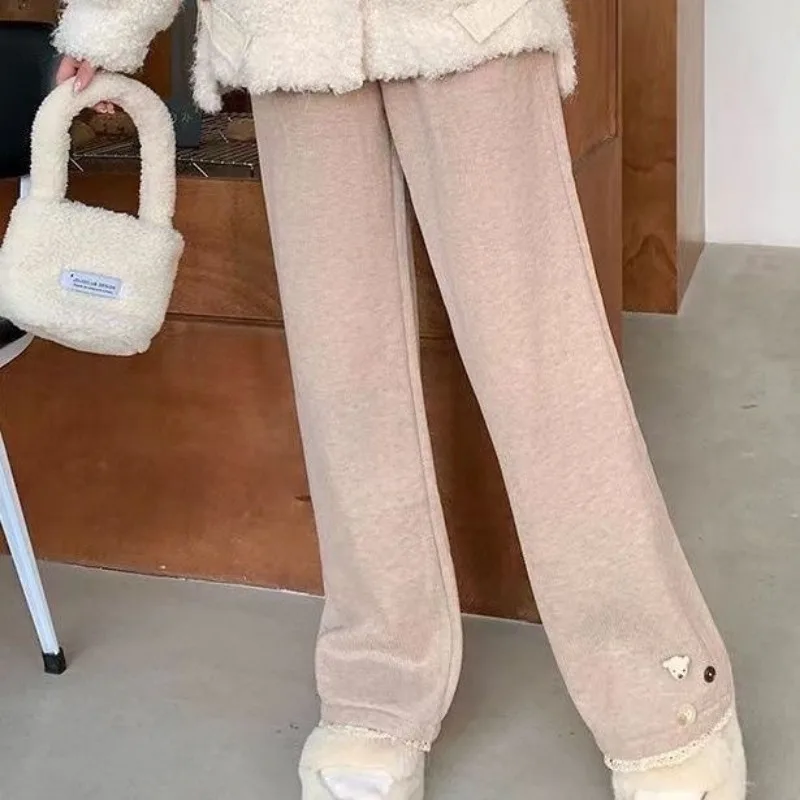 High Waist Pants Women Corduroy 3D Bear Lace Solid Straight Japanese-style Cute All-match Loose Soft Leisure Plus Velvet Warm