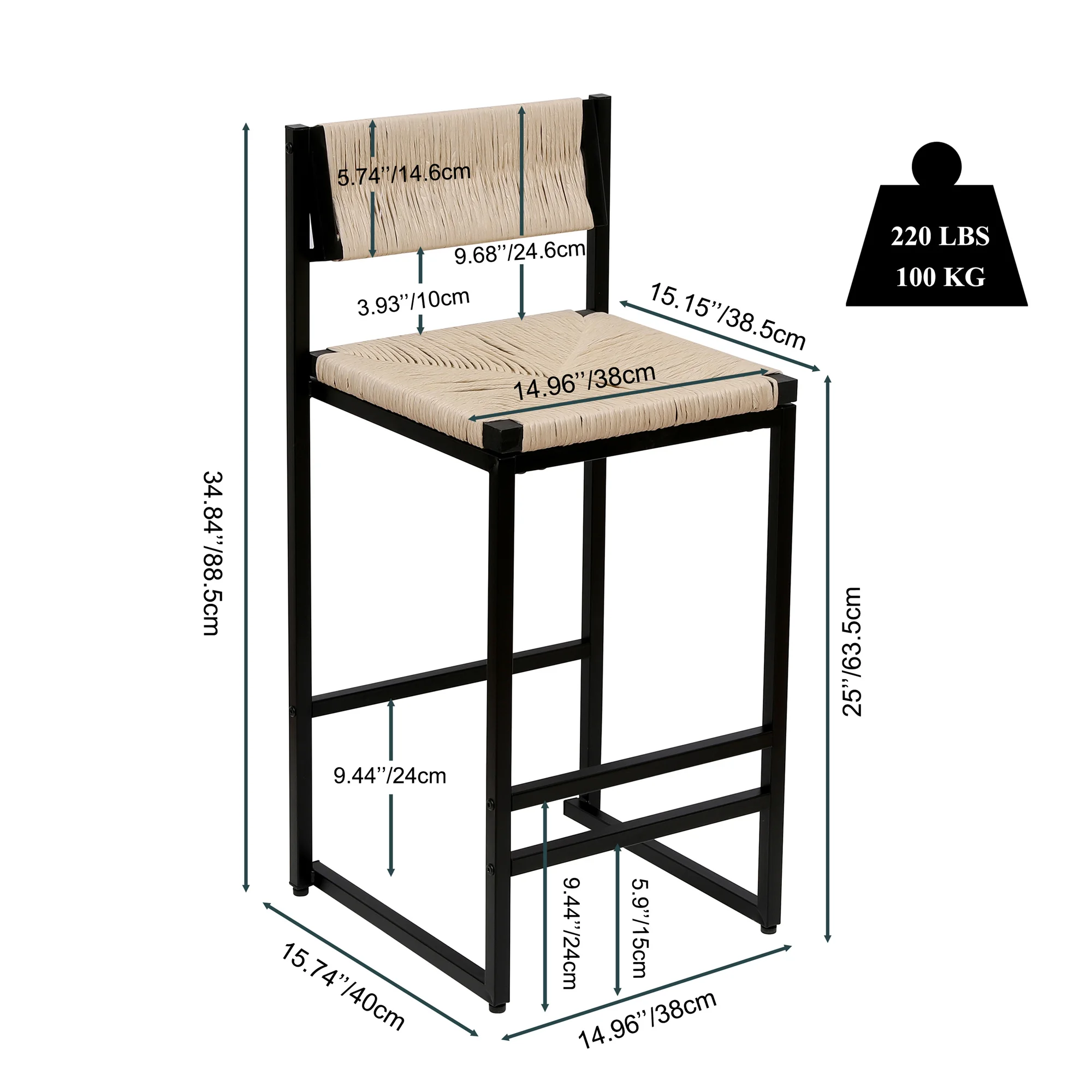 2 pezzi Sgabelli da bar alti Sedie Sgabelli da bar intrecciati in corda di carta Capacità massima di pesatura di 220 libbre per cucina Sala da pranzo Caffetteria
