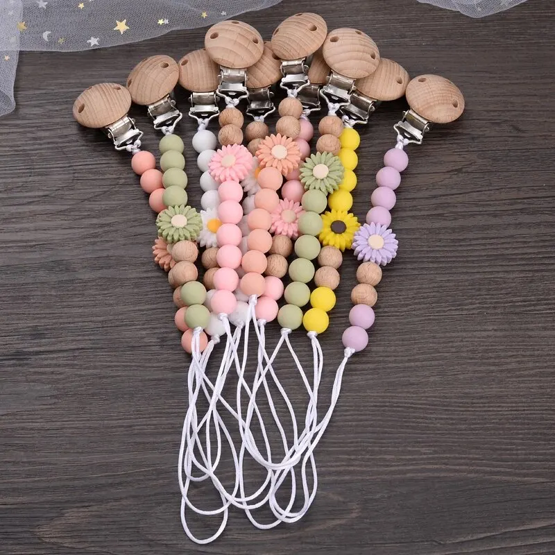 Baby Beech Round Wooden Clips Flowers Silicone Beads Pacifier Chain for Teether Nursing Toys Handmade Dummy Holder BPA Free