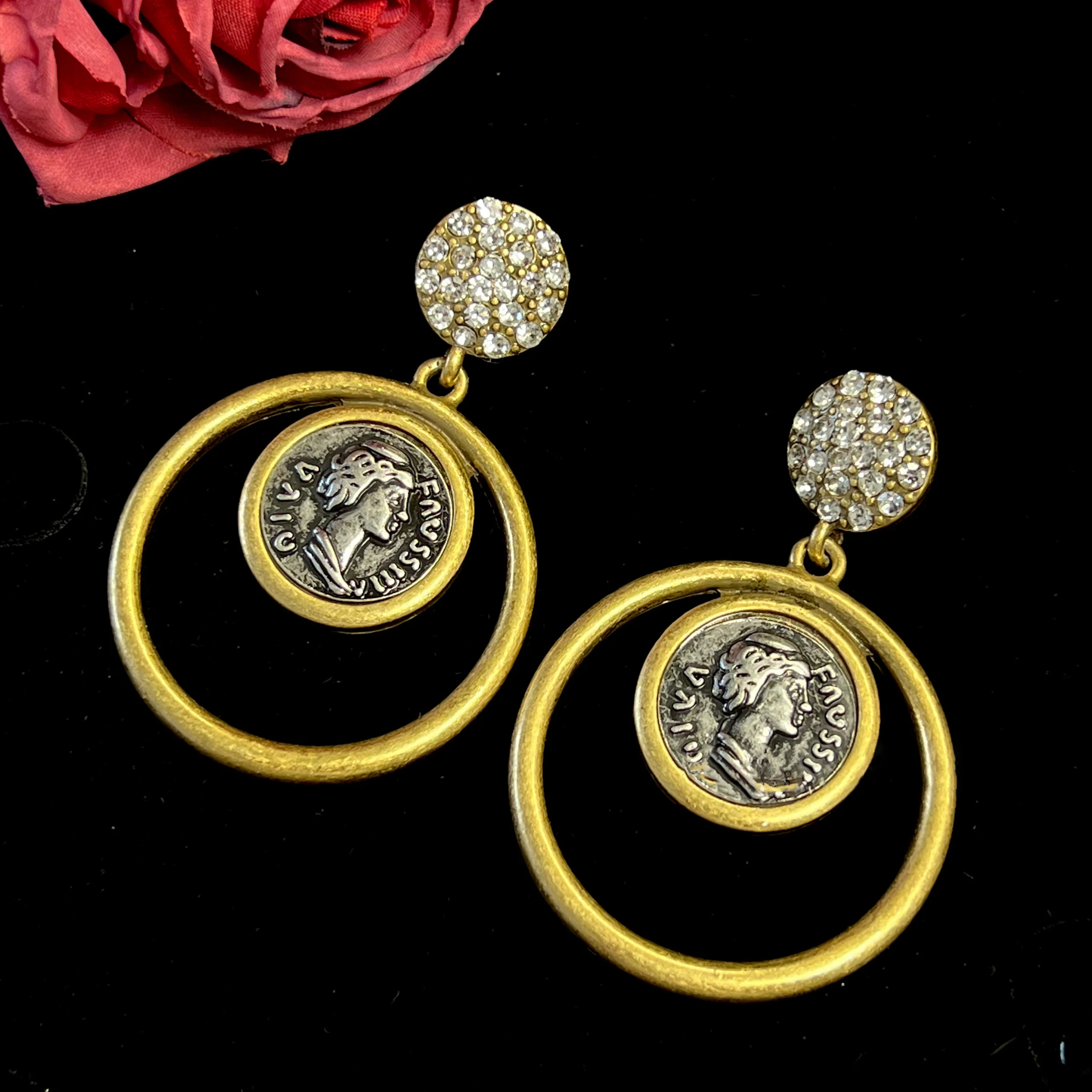 

Large ring round ancient coin design Vintage court earrings FOR Women