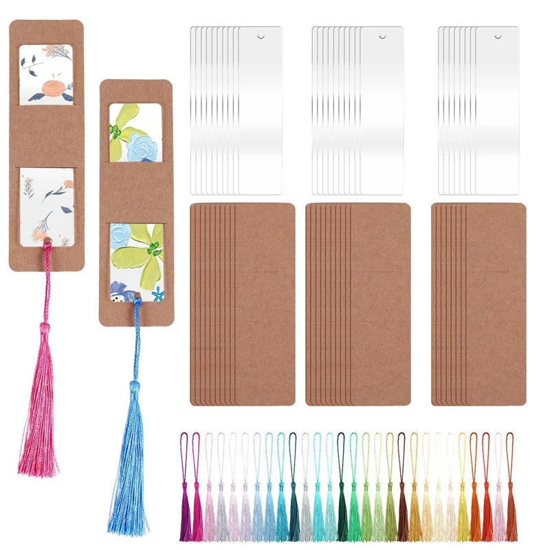 Support de marque-page en résine T04C-90Pcs, 30 pochettes de marque-page Kraft, 30 marque-pages en acrylique transparent, 30 pompons colorés