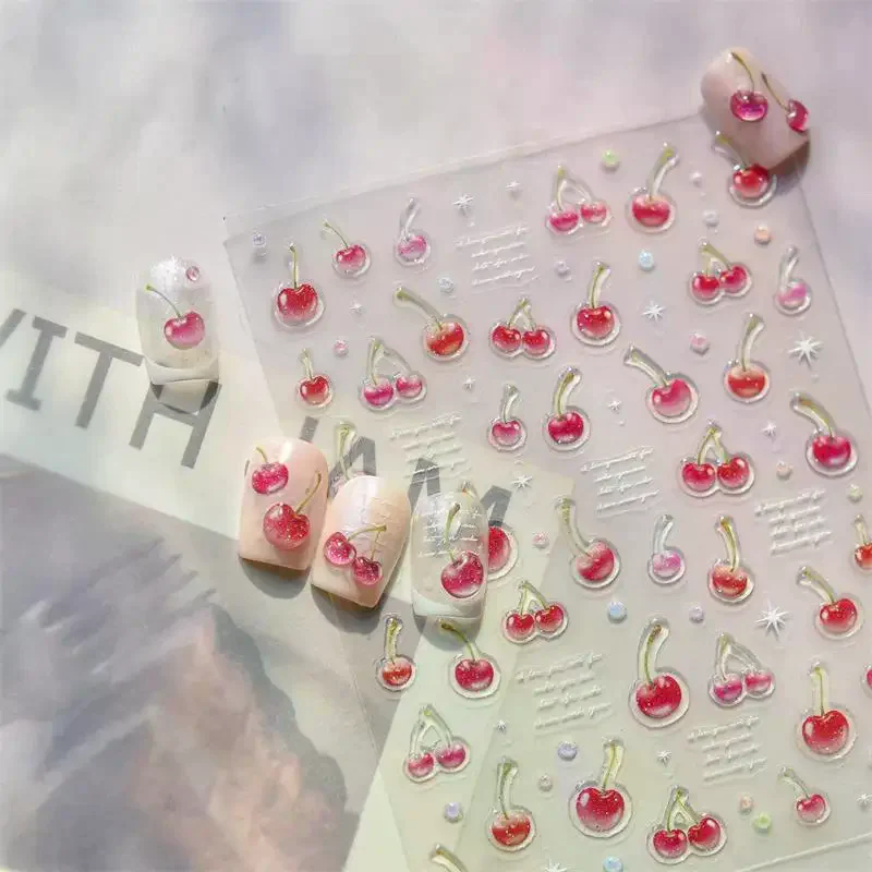Doce geléia vermelho cereja arte do prego adesivo em relevo menina feminino auto adesivo adesivo de unhas ano novo natal manicure decalques presente