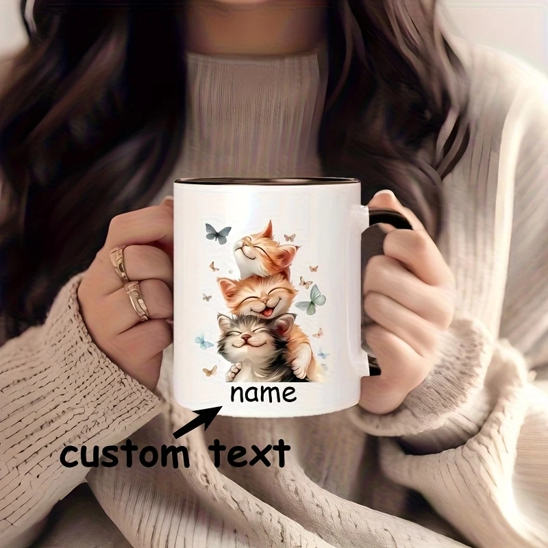 Personalisierte Tasse mit individuellem Namen und Katzenmotiv - Niedliche Gestreifte Katze mit Schmetterlingsdesign - Spülmaschinenfeste Keramik-Kaffee- und Teetasse - Geschenk für Frauen