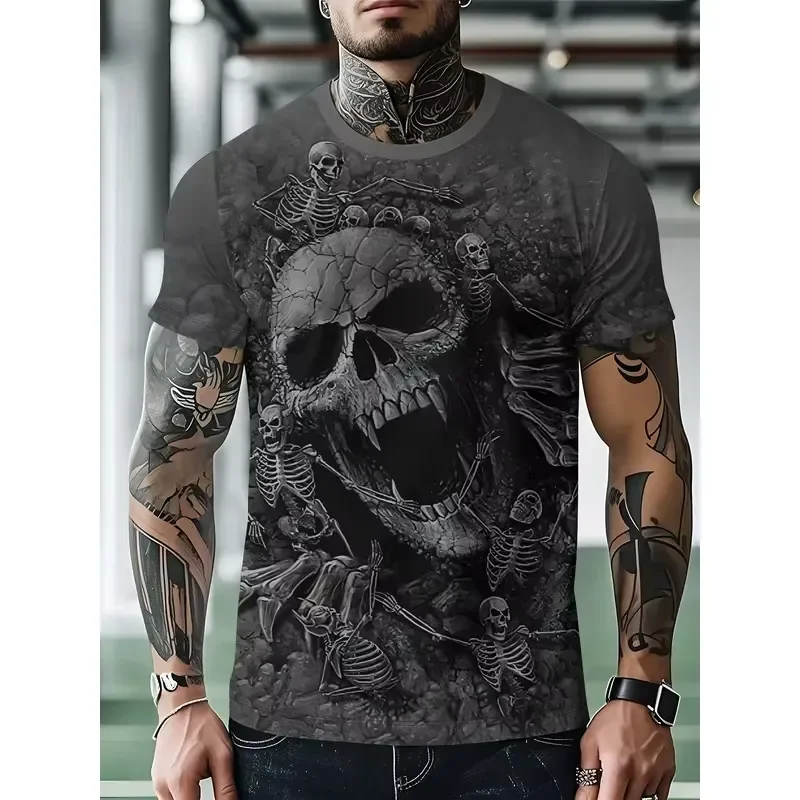 3D Digital Print Men 3D Skull Skeleton T Shirt Dark Grey Horror Bone Graphic Crew Neck Short Sleeve Tops 2026 Summer