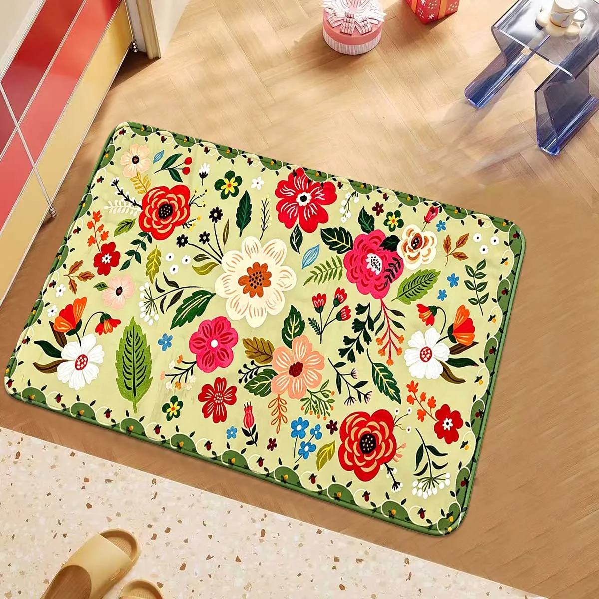 1 forest style contrasting flower green leaf floor mat, kitchen and bathroom entrance art floral creative floor mat
