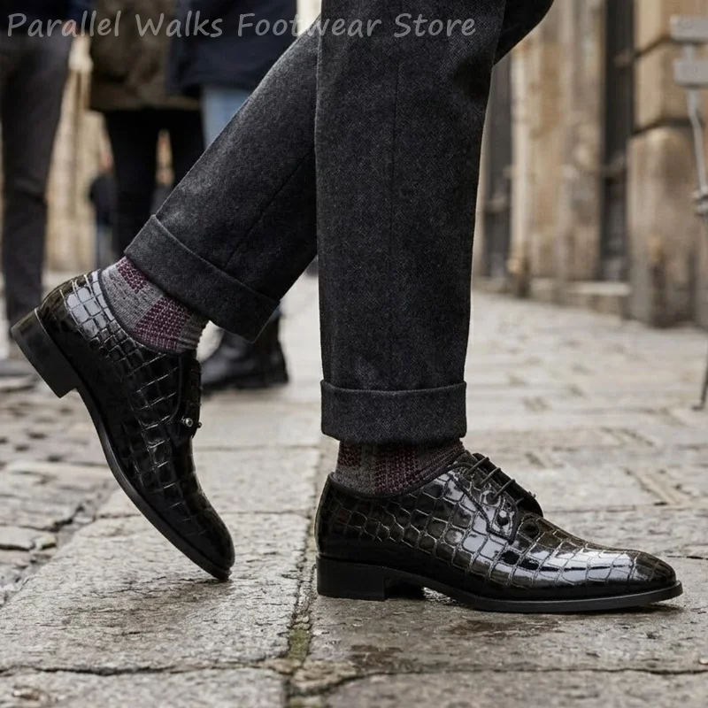 Men Patent Leather Oxford Shoes Crocodile Pattern Lace Up Dress Shoes Formal Party Wedding Footwear Shiny Flat Derby Oxfords view 4