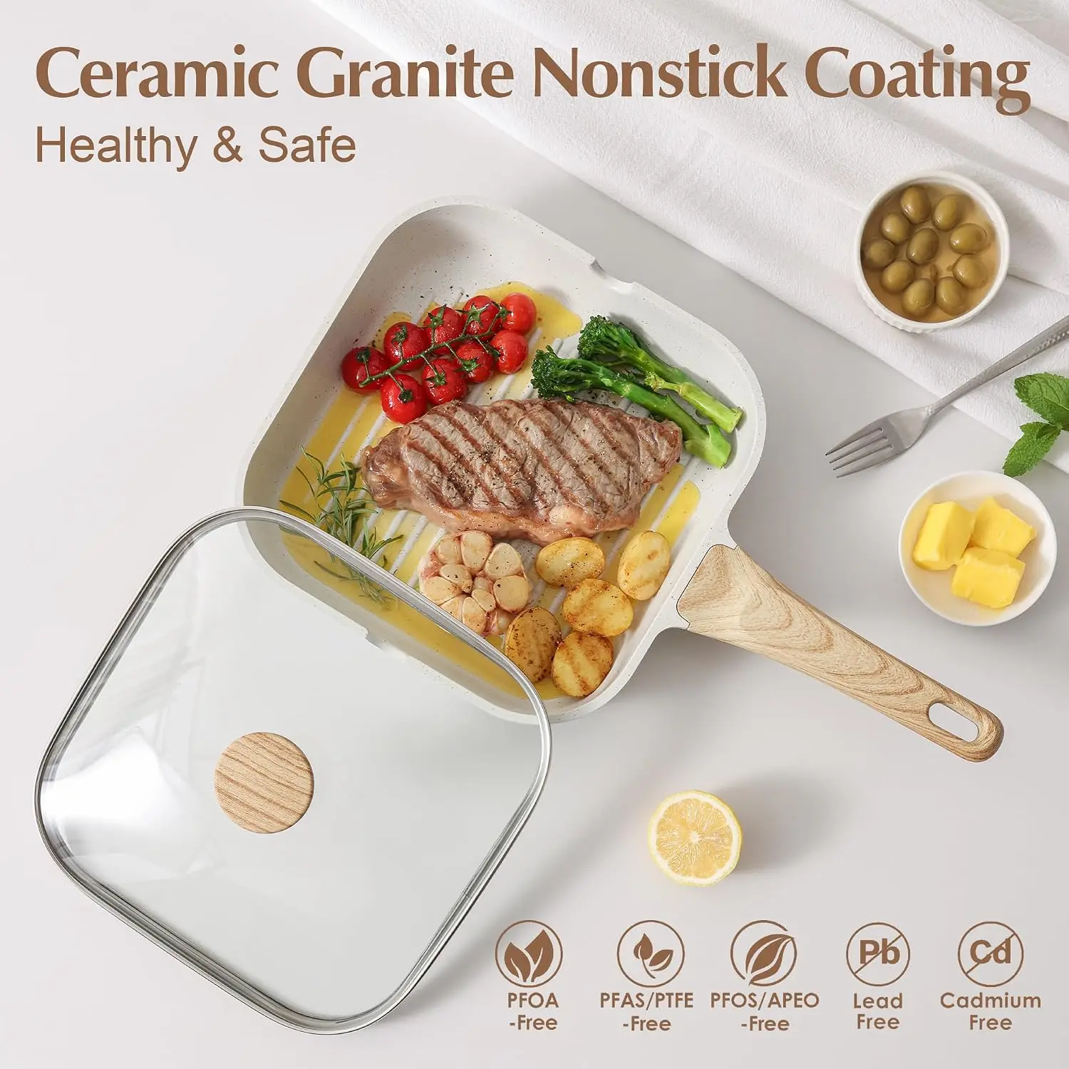 Square Ceramic Nonstick Grill Pan with Lid, Durable Grill Skillet for Stove Tops and All Stoves, Pour Spouts, Steak and Bacon Pan, PTFE, PFAS, PFOA Free, Non Toxic