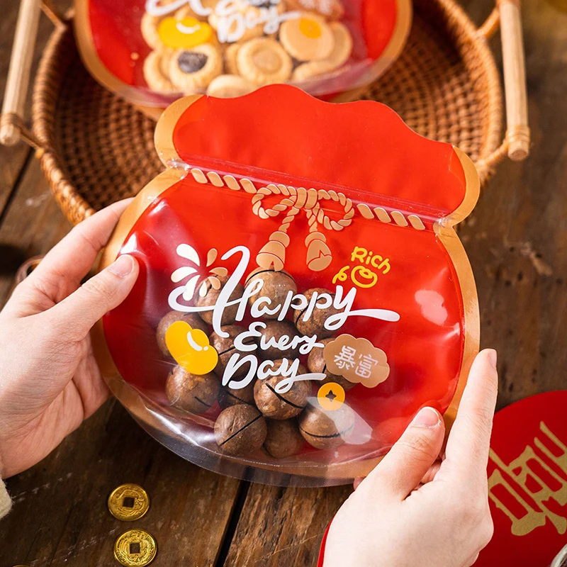 TETP 25Pcs Red Food Packaigng Bags With Clear Window Happy Party For Handmade Cookies Candy Snack Nuts Decoration Favors